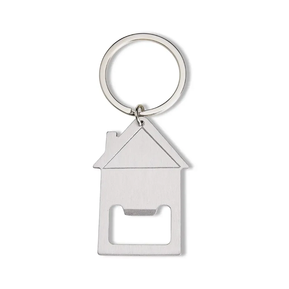 Chaveiro personalizado abridor em aço inox, formato de casa, cor prata