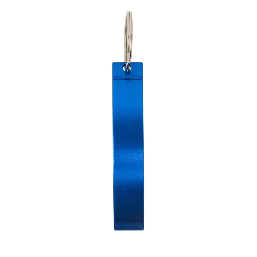 Chaveiro personalizado de metal abridor, acabamento brilhante, cor azul
