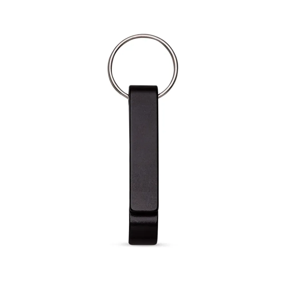 Chaveiro personalizado de metal com abridor de garrafas, cor preta