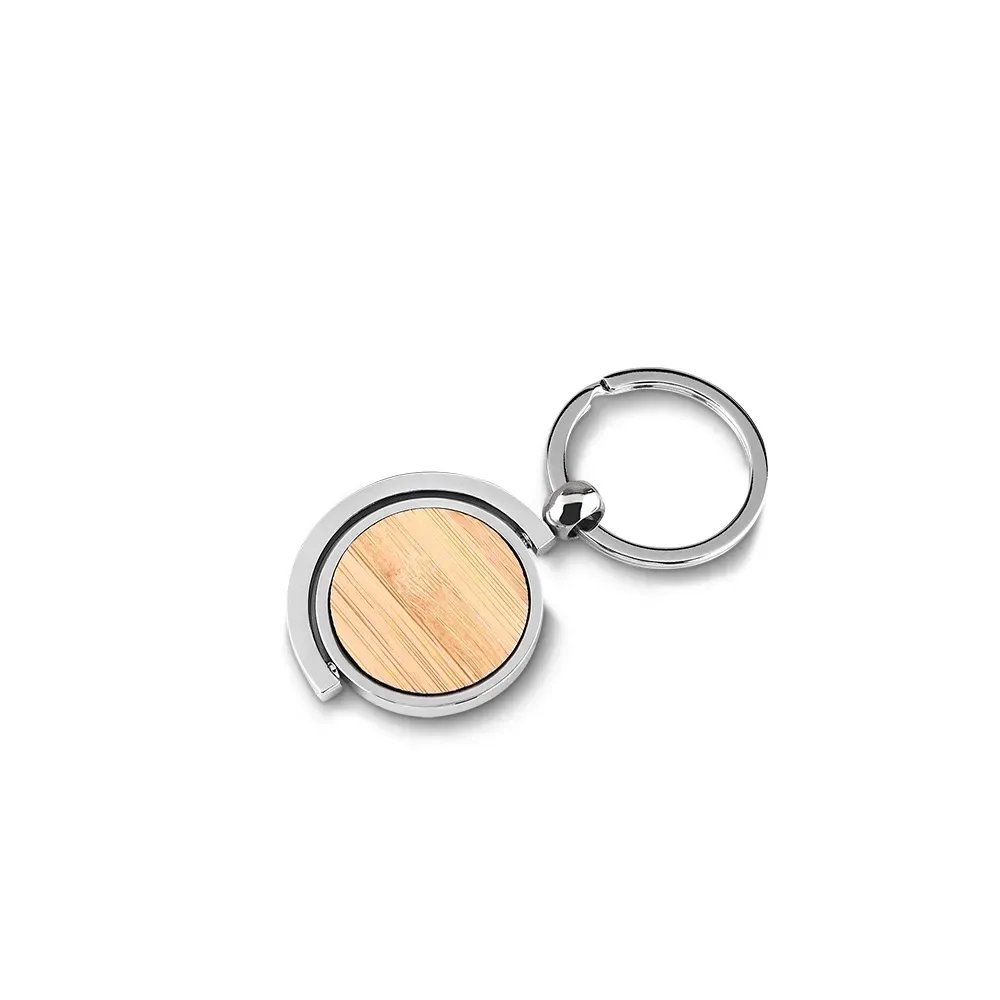 Chaveiro personalizado de metal com detalhe em bambu, cor prata