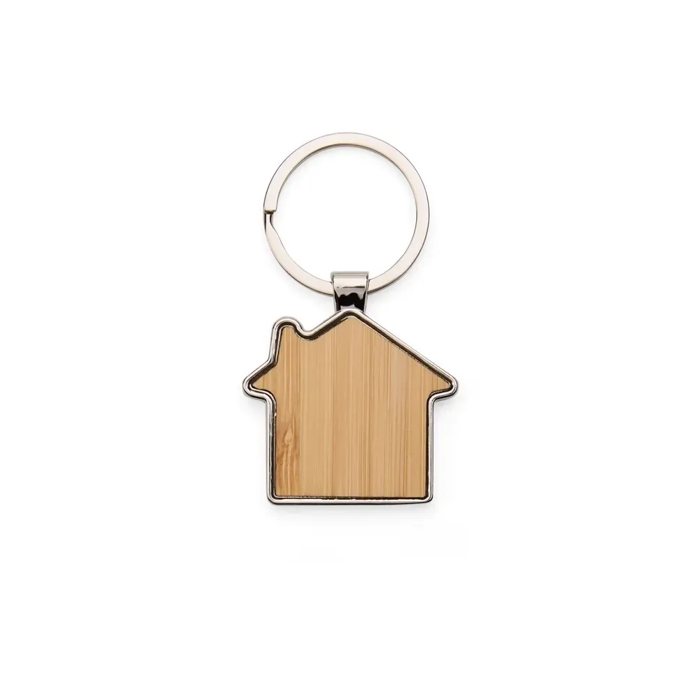 Chaveiro personalizado em metal com detalhe em bambu, formato de casa