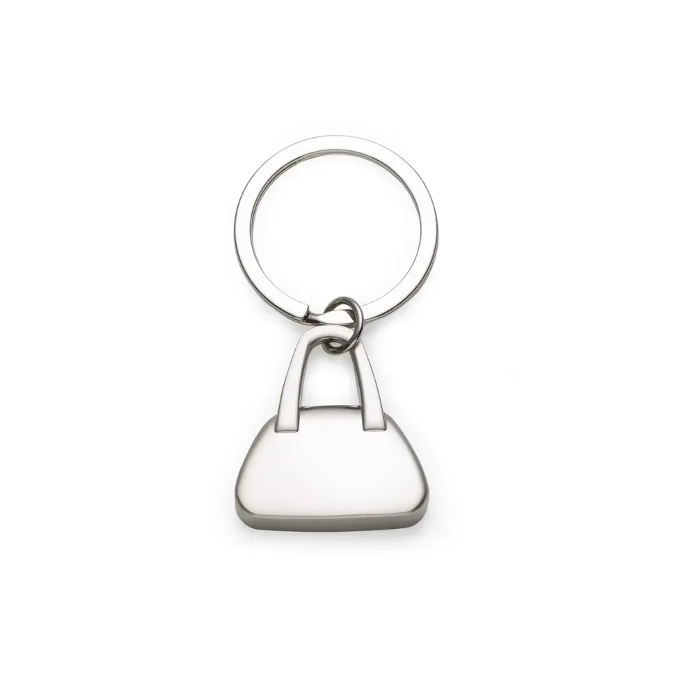 Chaveiro personalizado de metal em formato de bolsa, acabamento fosco