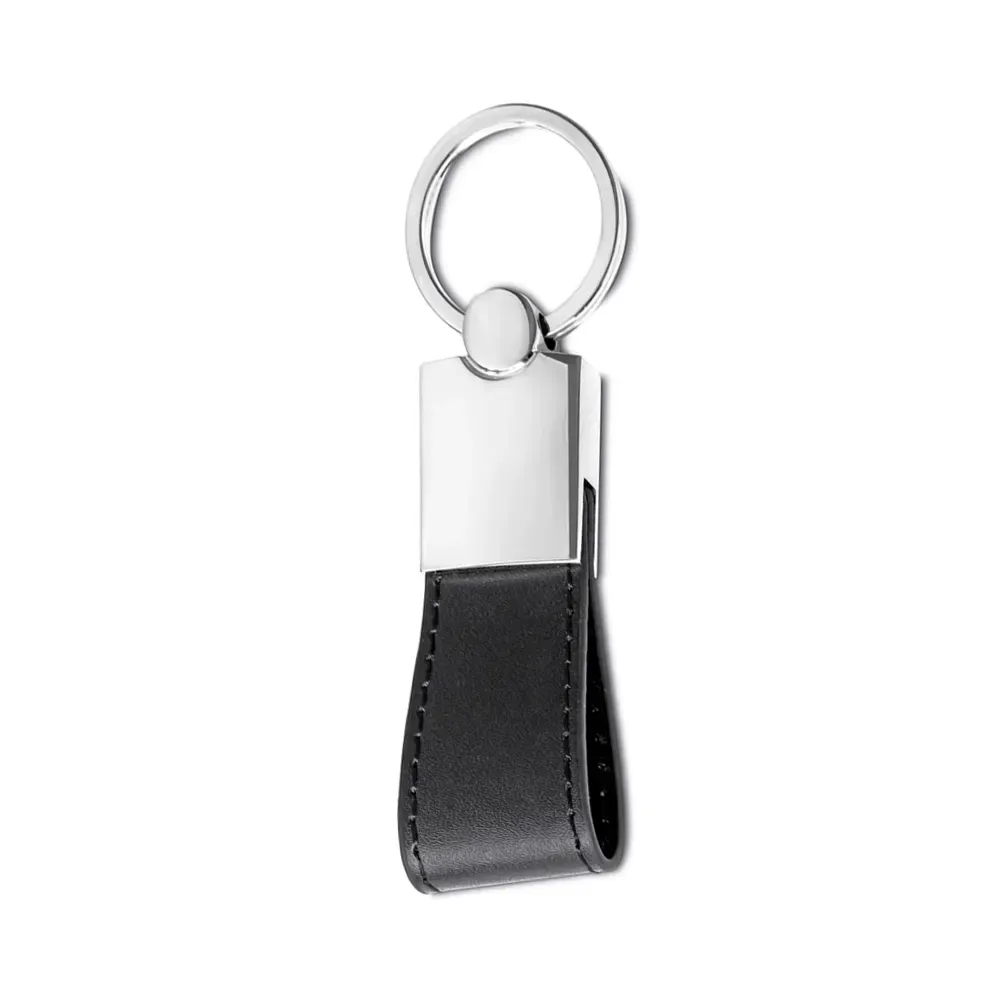 Chaveiro personalizado de metal brilhante com couro sintético, cor preta