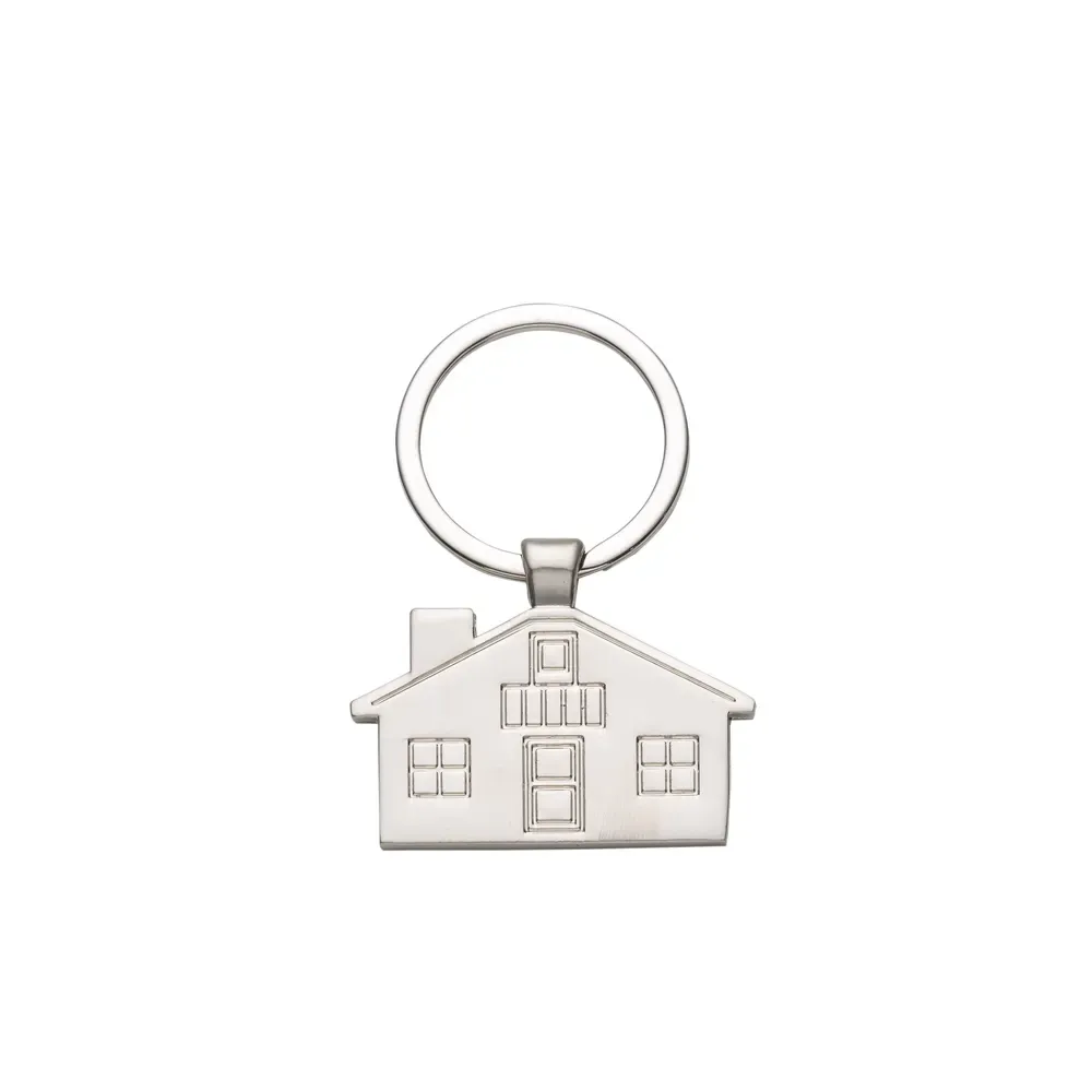 Chaveiro personalizado de metal fosco em formato de casa, com relevo, cor prata