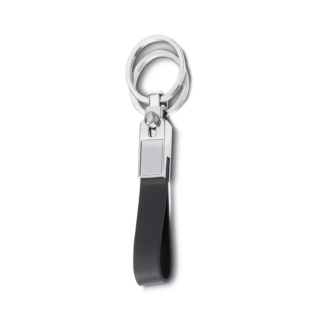 Chaveiro personalizado de metal com couro sintético e 2 argolas, cor preta