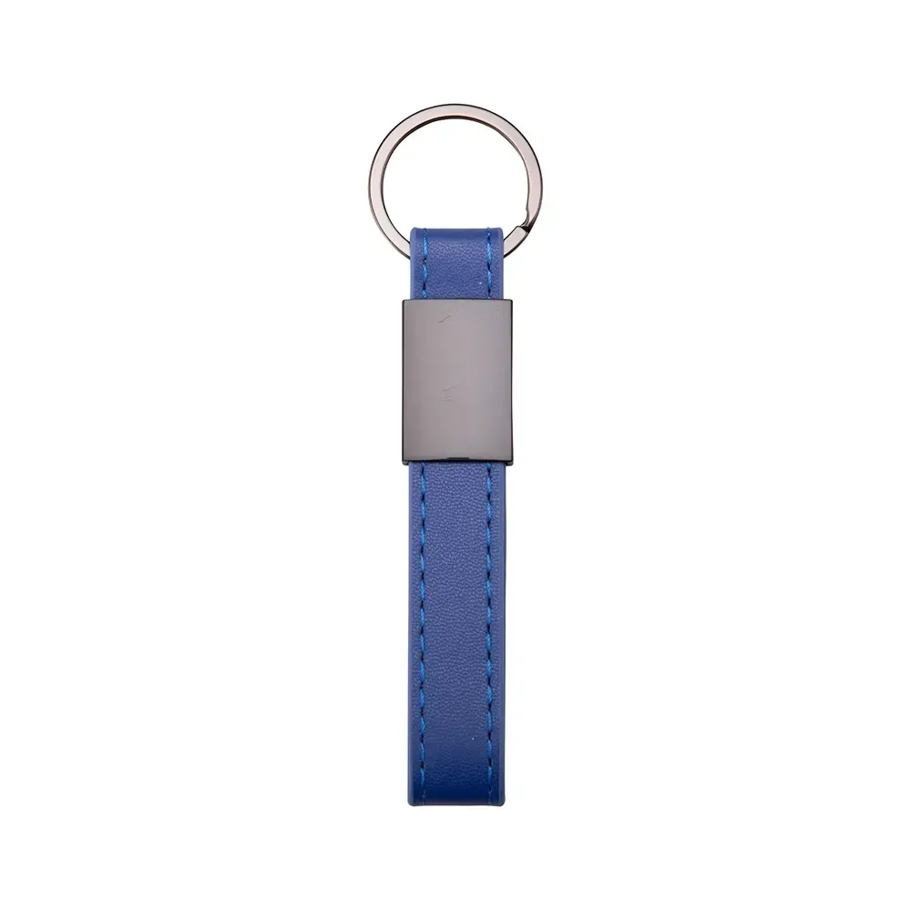 Chaveiro personalizado em metal com couro sintético, cor azul