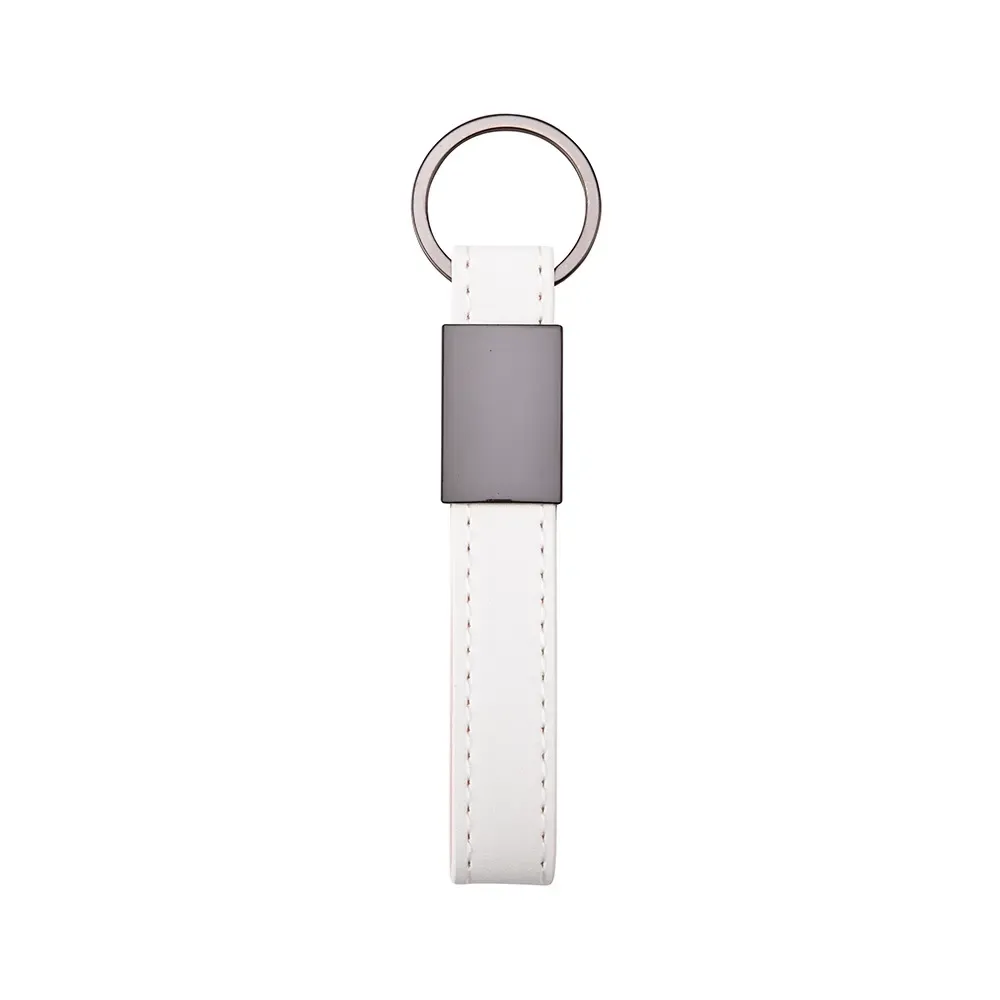 Chaveiro personalizado em metal com couro sintético, cor branca