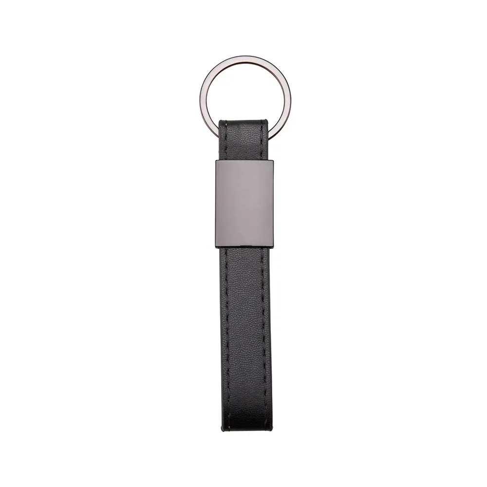 Chaveiro personalizado em metal com couro sintético, cor preta