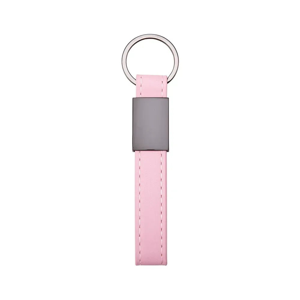 Chaveiro personalizado em metal com couro sintético, cor rosa