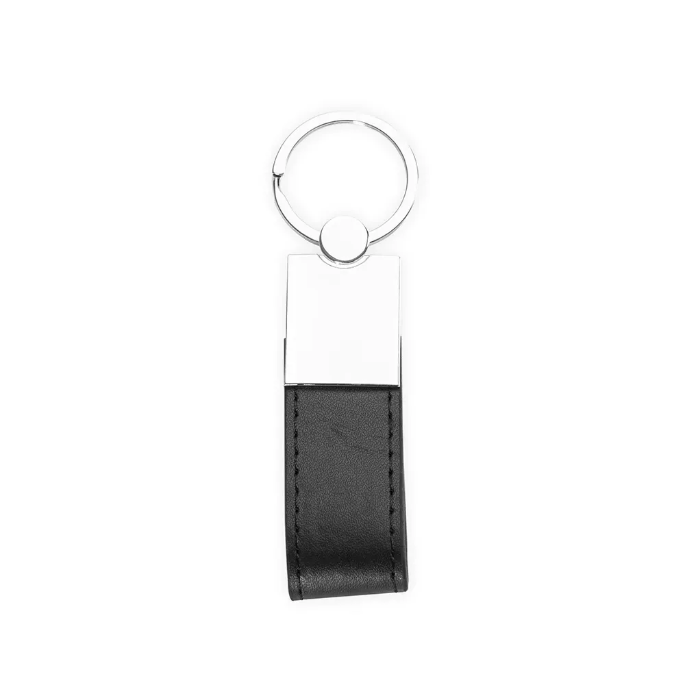 Chaveiro personalizado em metal com couro sintético, cor preta