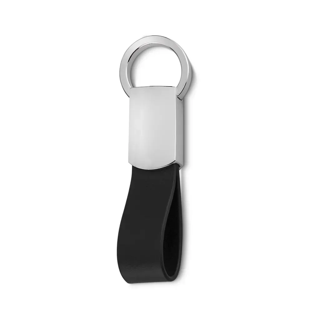 Chaveiro personalizado de metal fosco com couro sintético e argola giratória, cor preta