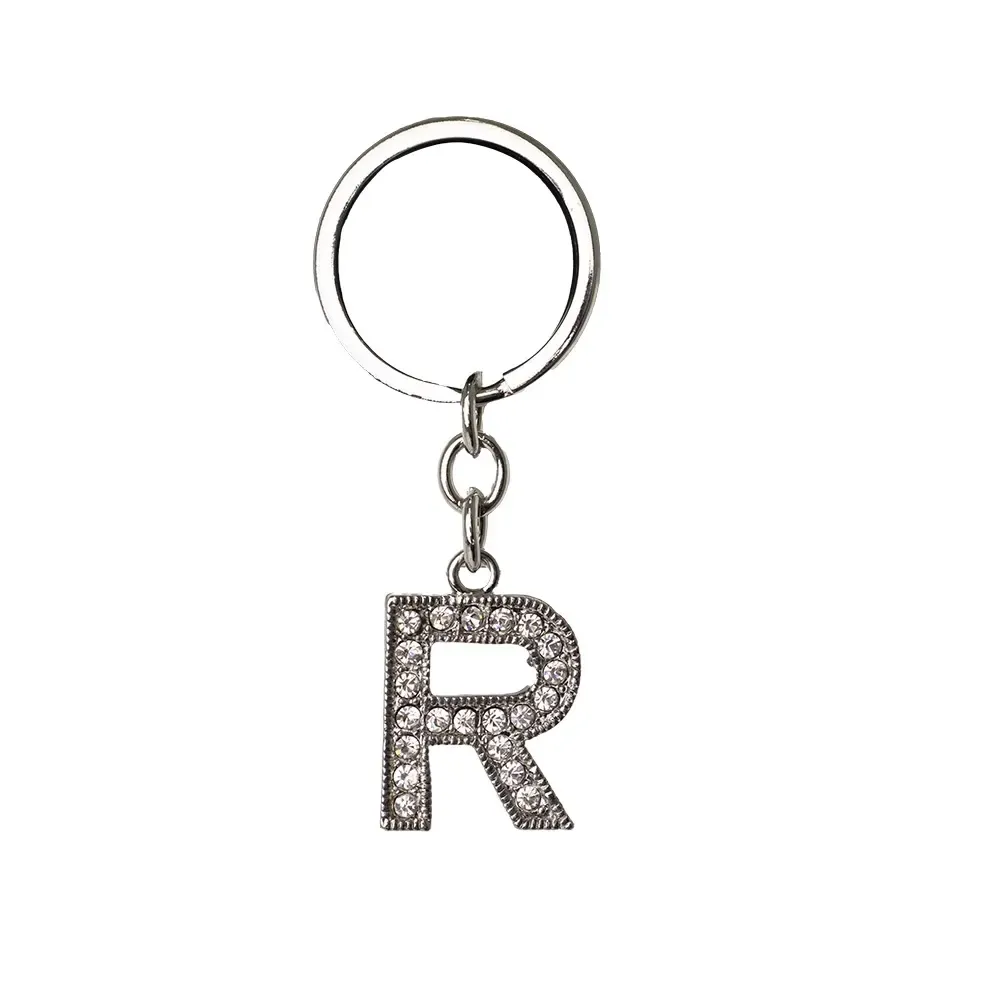 Chaveiro personalizado de metal em formato de letra R, com pedras brilhantes