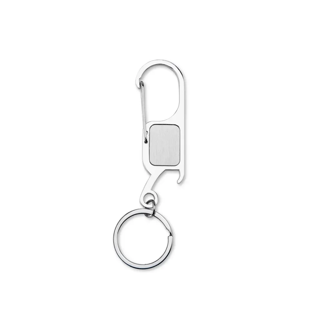 Chaveiro personalizado em metal com mosquetão e abridor, cor prata