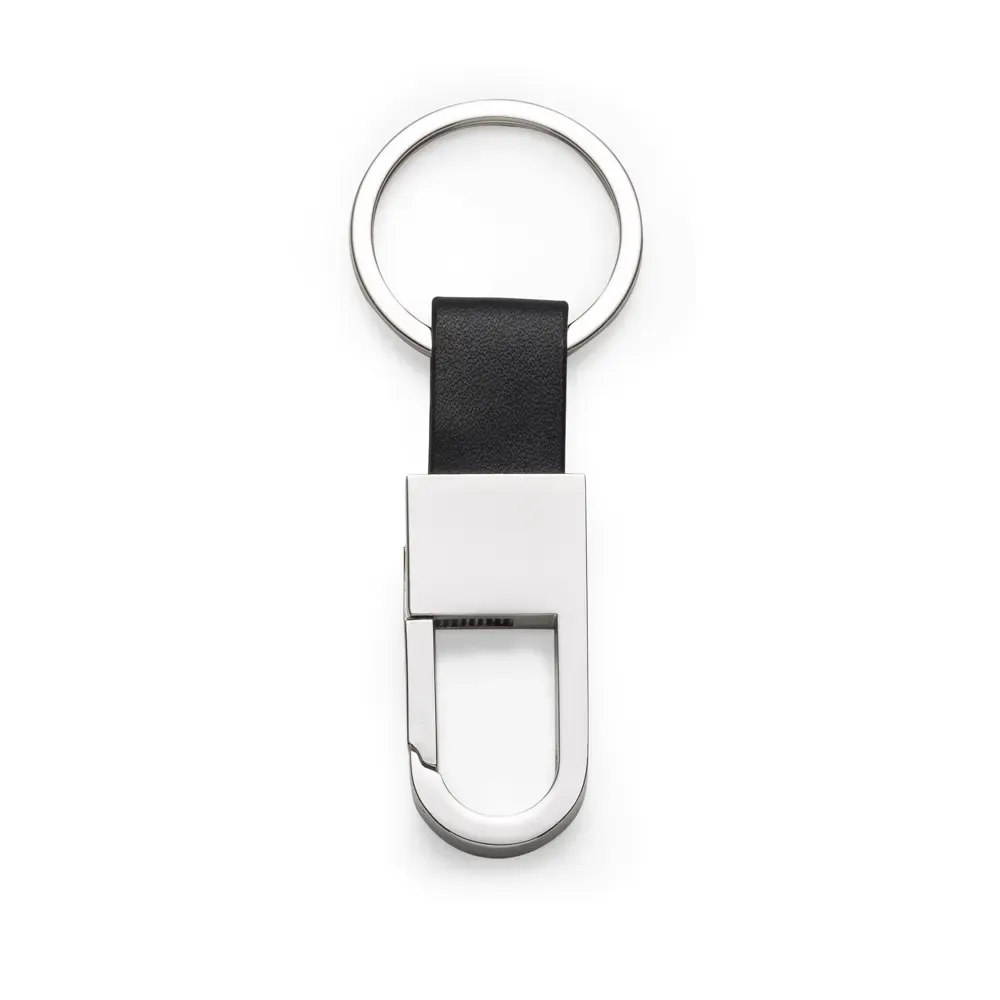 Chaveiro personalizado de metal mosquetão com alça de couro sintético, cor prata