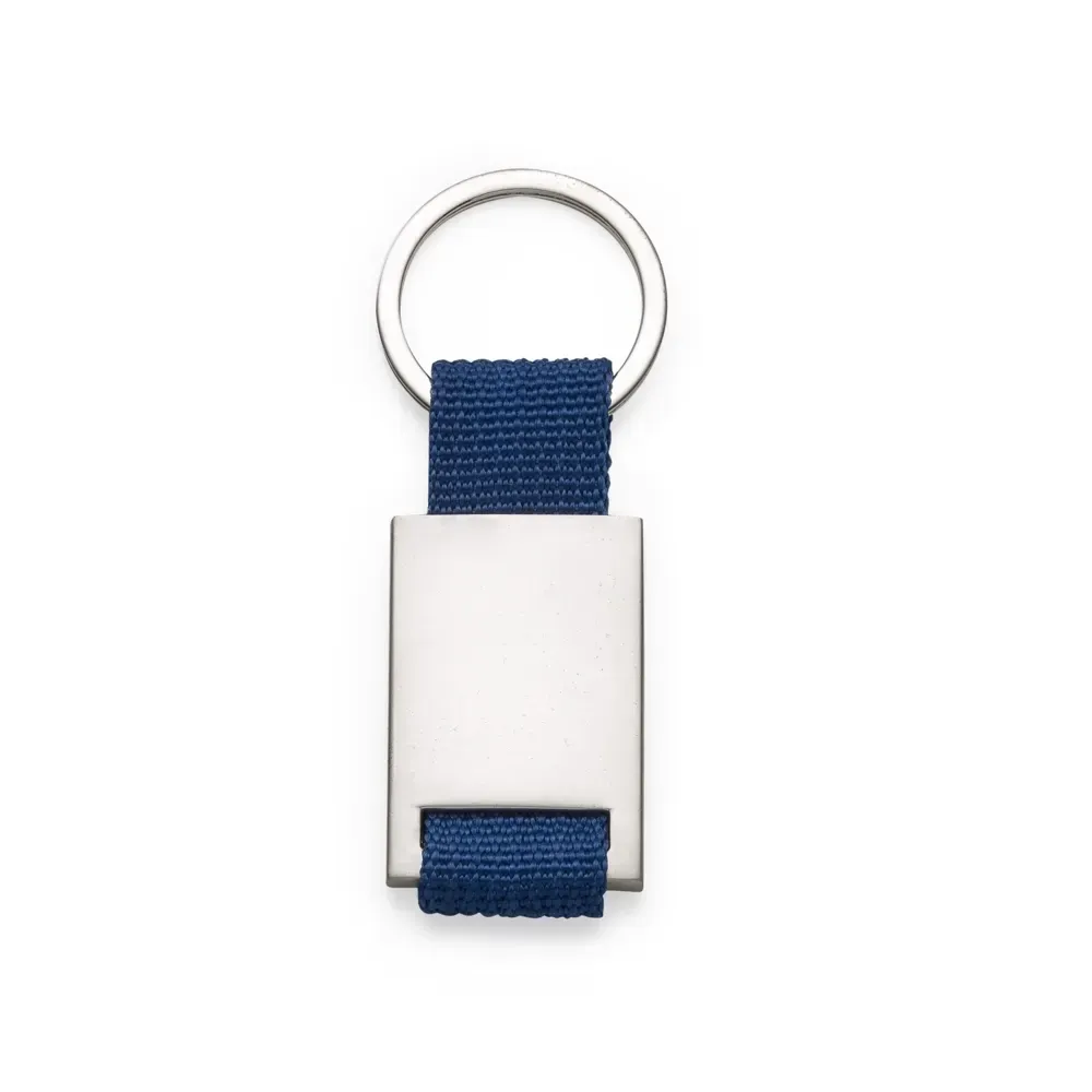 Chaveiro personalizado em metal com detalhe em nylon, cor azul