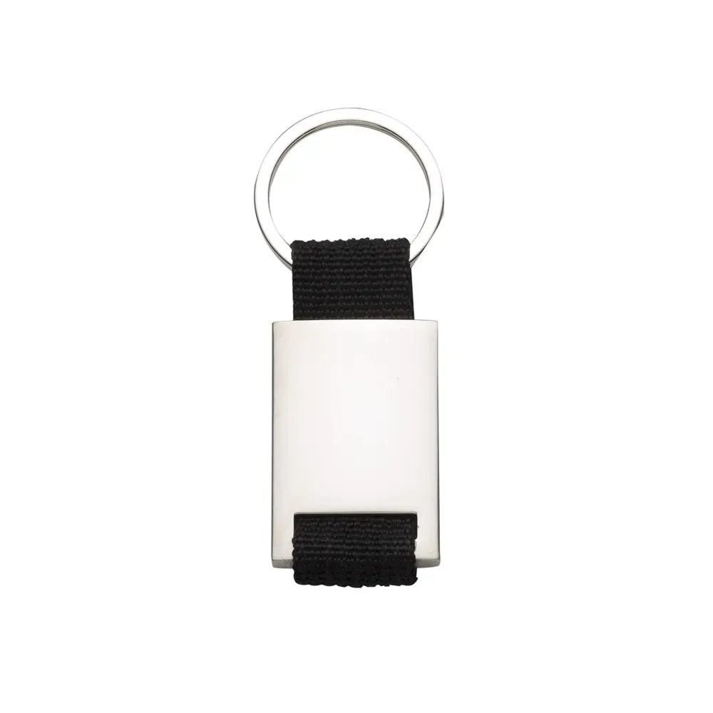 Chaveiro personalizado em metal com detalhe em nylon, cor preto