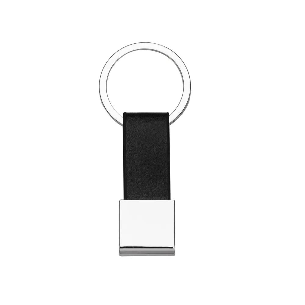 Chaveiro personalizado de metal quadrado com alça de couro sintético, cor prata