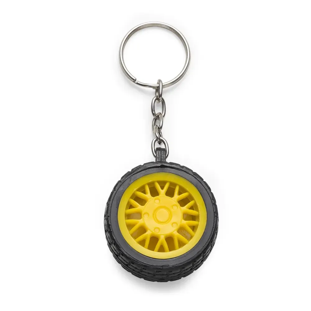 Chaveiro personalizado de plástico formato pneu, cor amarela