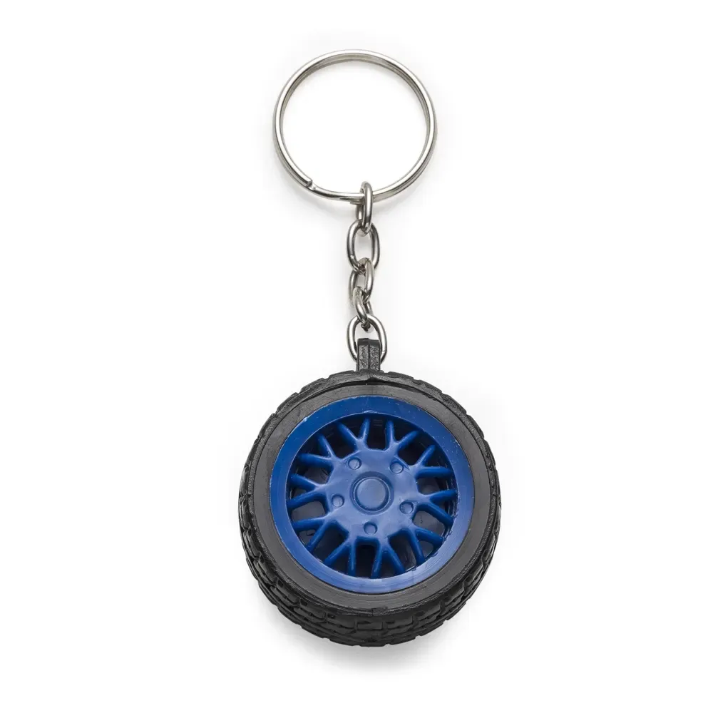 Chaveiro personalizado de plástico formato pneu, cor azul