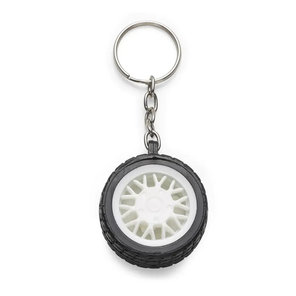 Chaveiro personalizado de plástico formato pneu, cor branca