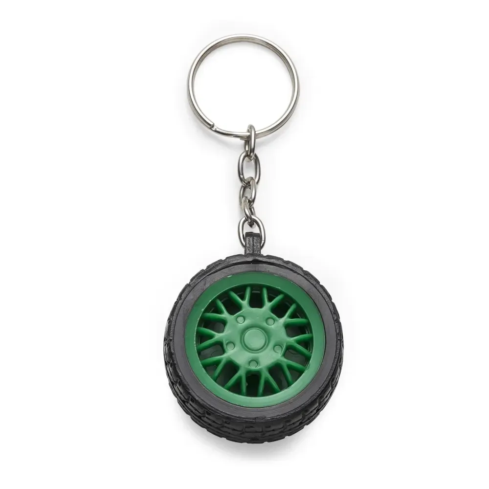 Chaveiro personalizado de plástico formato pneu, cor verde