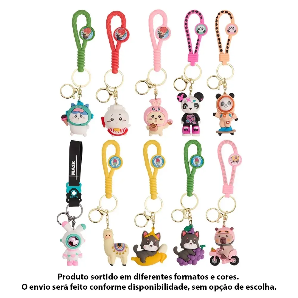 Chaveiro personalizado de plástico sortido em formatos e cores de desenhos estilizados