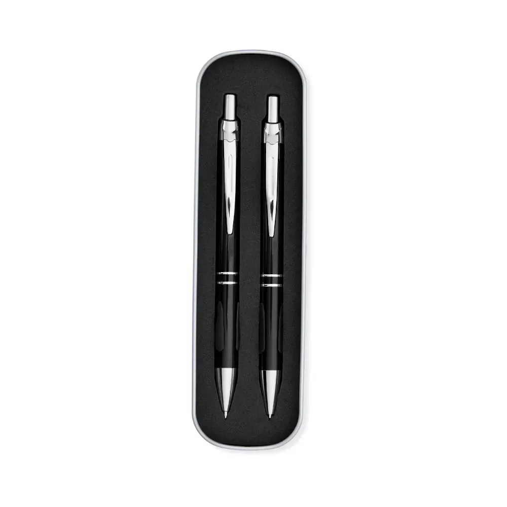 Conjunto caneta e lapiseira metal personalizado acabamento fosco preto — vista frontal