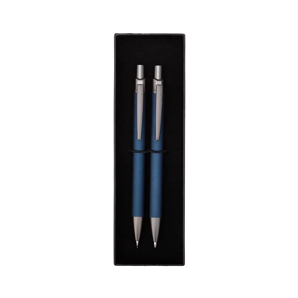 Conjunto caneta e lapiseira metal personalizado azul com estojo veludado
