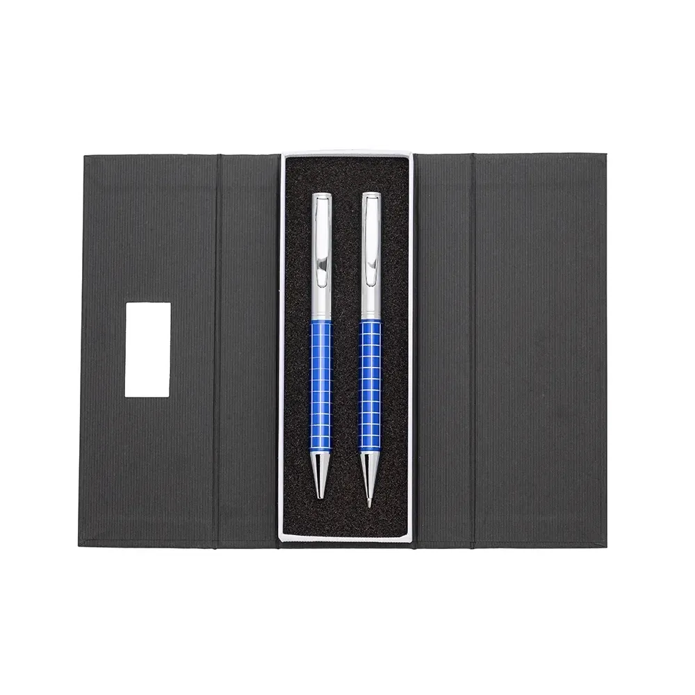 Conjunto caneta e lapiseira metal personalizado azul