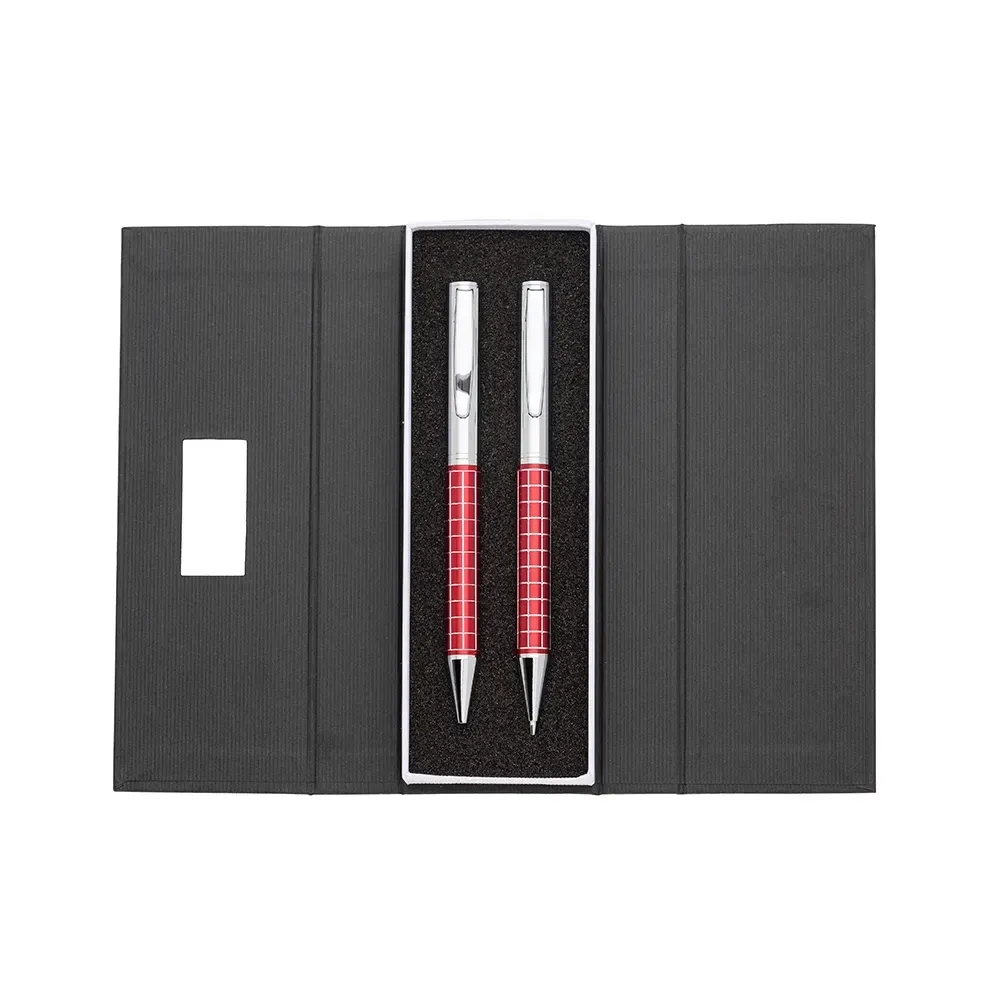 Conjunto caneta e lapiseira metal personalizado vermelho