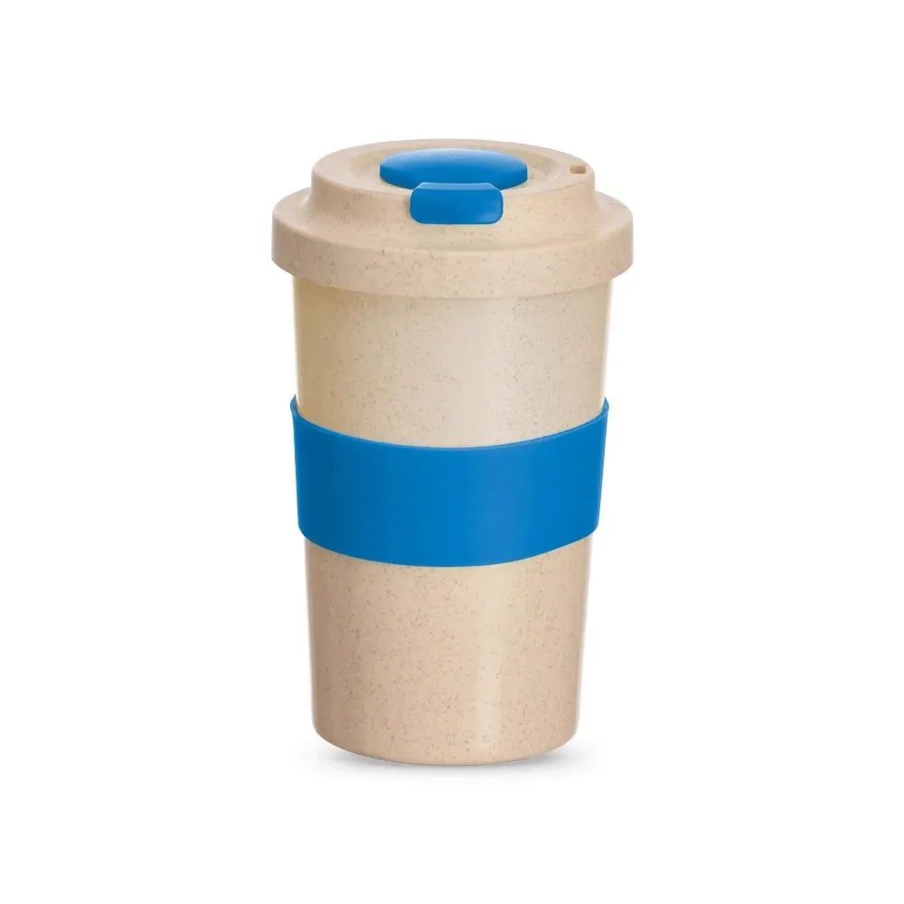 Copo fibra de bambu personalizado 450ml com tampa rosqueável, azul