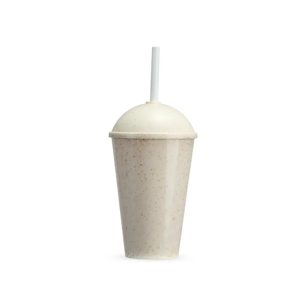 Copo fibra de madeira personalizado 450ml com canudo, cor bege