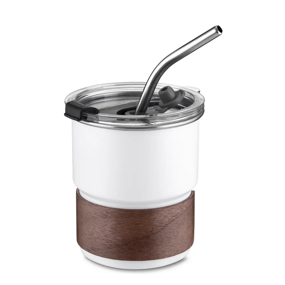 Copo inox personalizado 250ml com luva de fibra de noz, cor branca