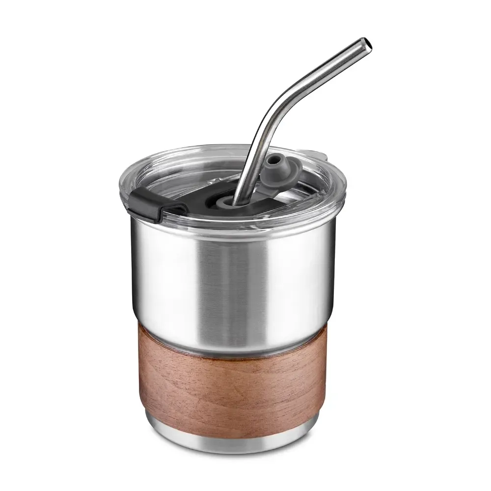 Copo inox personalizado 250ml com luva de fibra de noz, cor inox