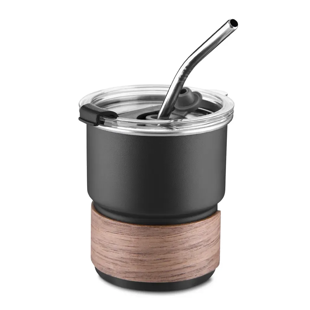 Copo inox personalizado 250ml com luva de fibra de noz, cor preta