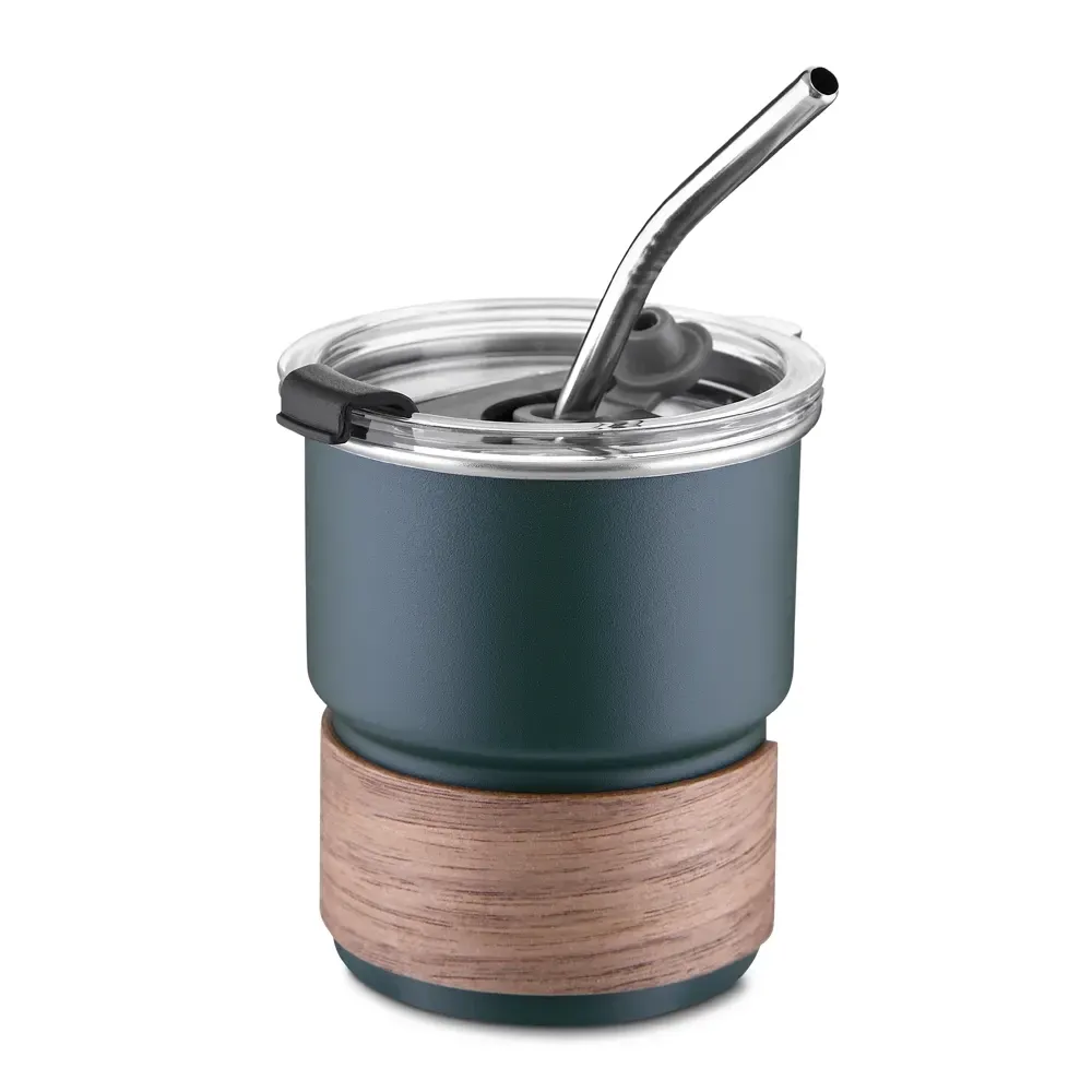Copo inox personalizado 250ml com luva de fibra de noz, cor verde