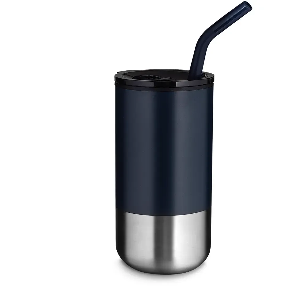 Copo inox personalizado com canudo 500ml, cor azul