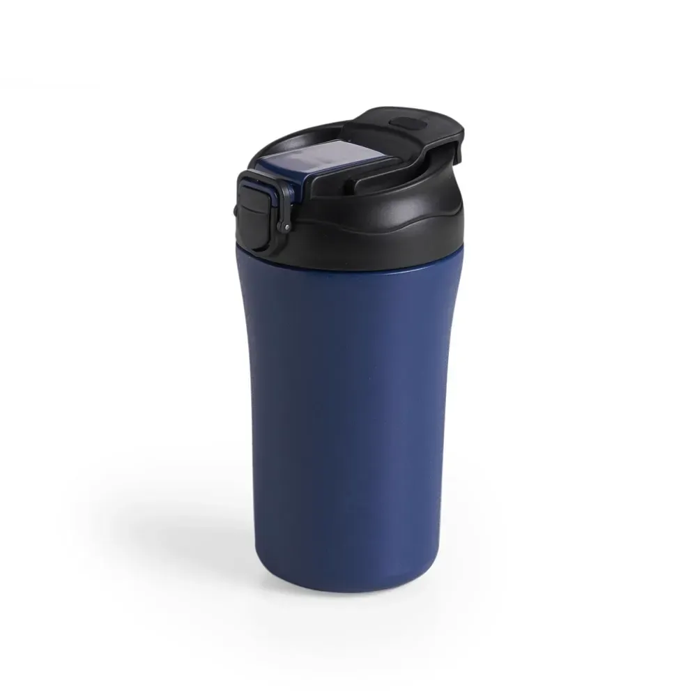 Copo inox parede dupla 450ml azul, canudo com bico de silicone, personalizado