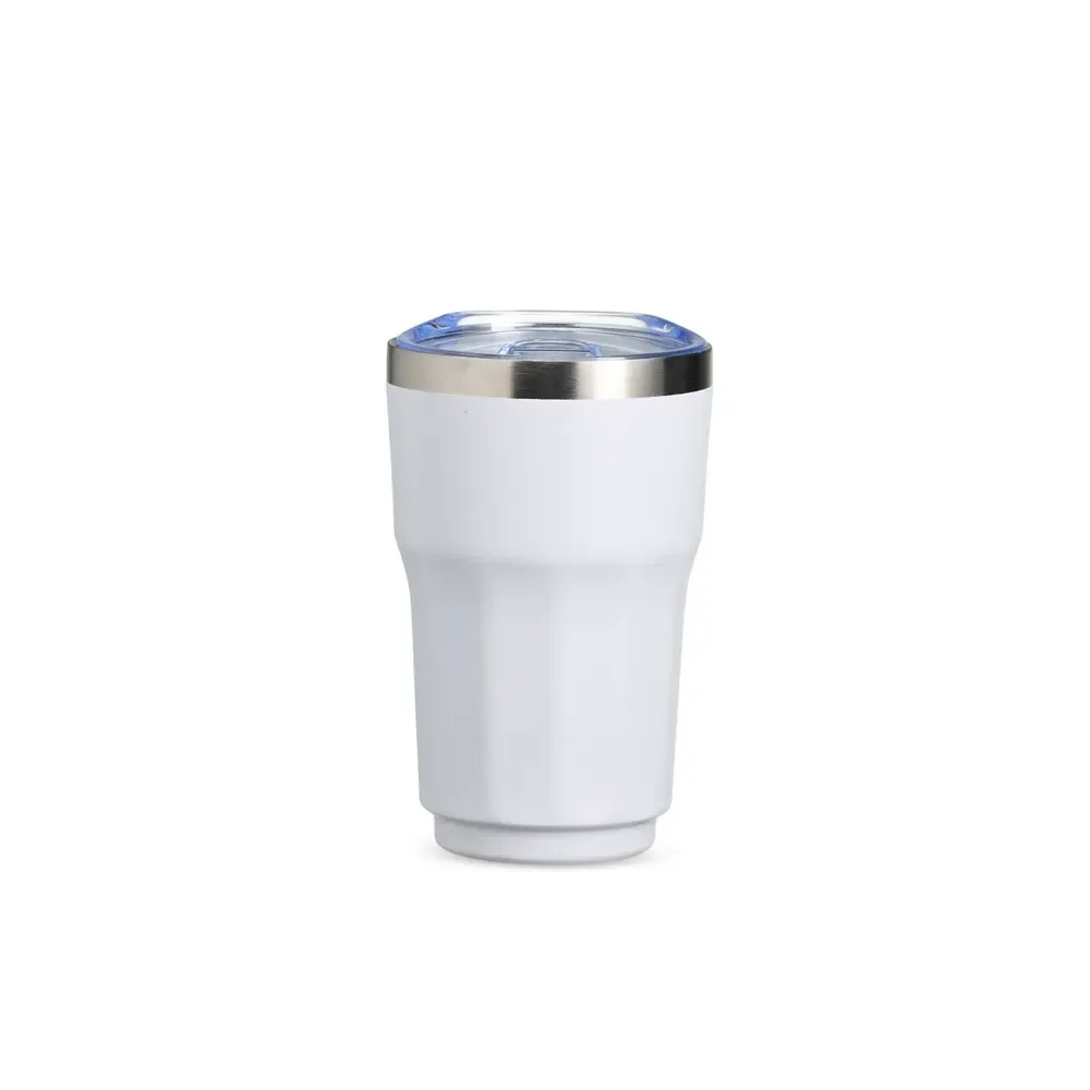 Copo térmico inox 300ml branco, tampa livre de BPA, personalizado