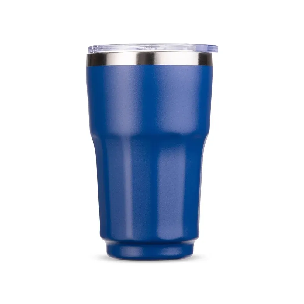 Copo térmico inox 300ml azul, tampa de pressão e anel emborrachado, personalizado