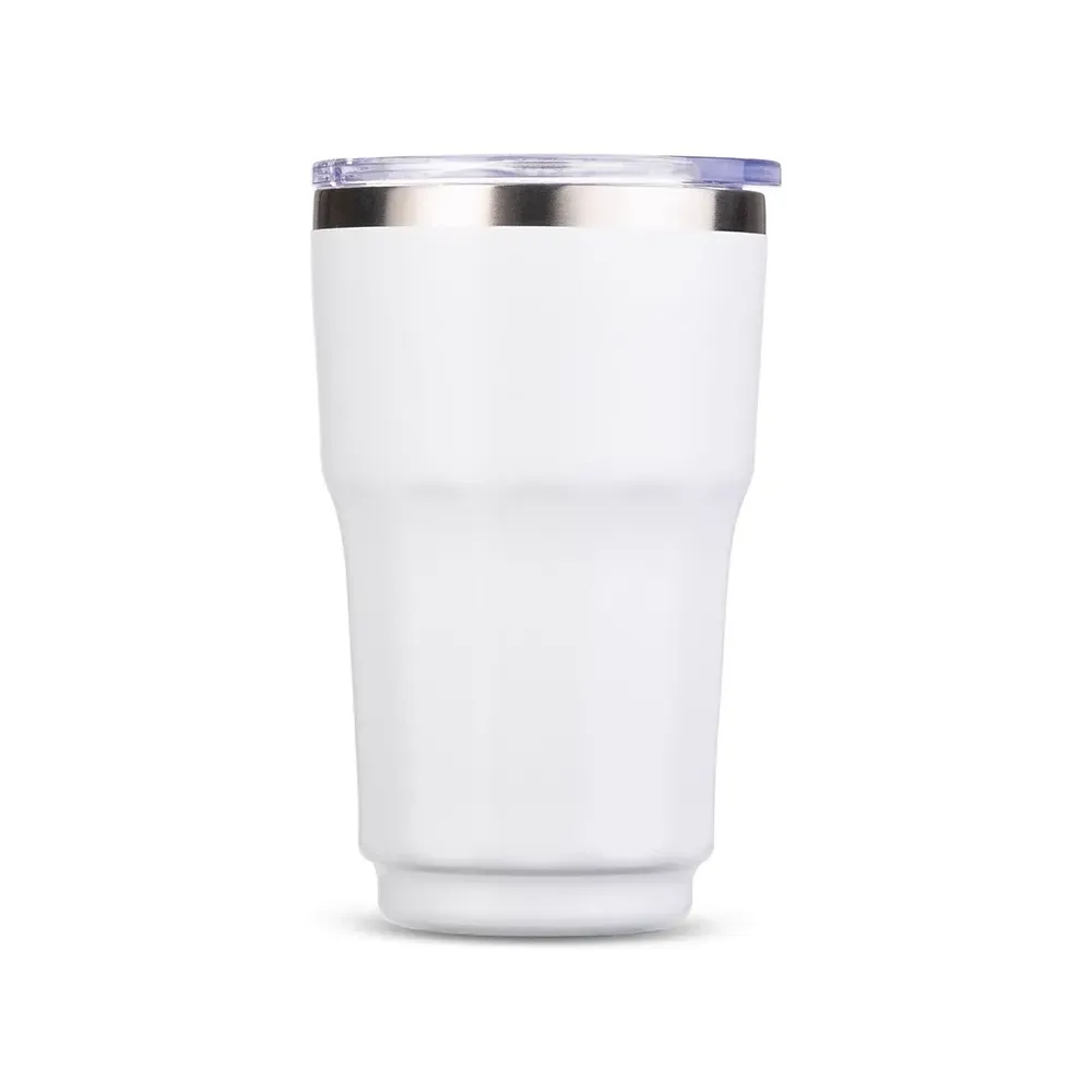 Copo térmico inox 300ml branco, tampa de pressão e anel emborrachado, personalizado