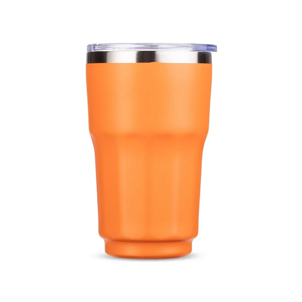 Copo térmico inox 300ml laranja, tampa de pressão e anel emborrachado, personalizado