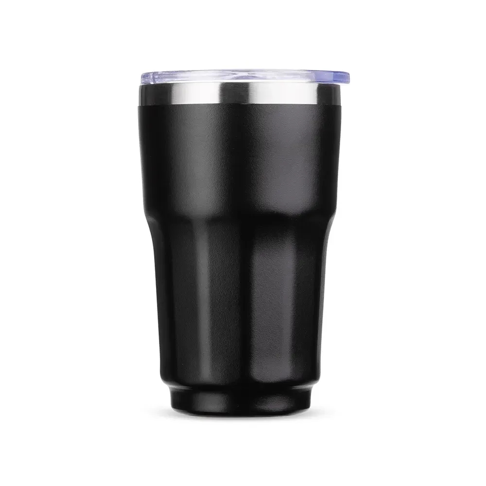 Copo térmico inox 300ml preto, tampa de pressão e anel emborrachado, personalizado