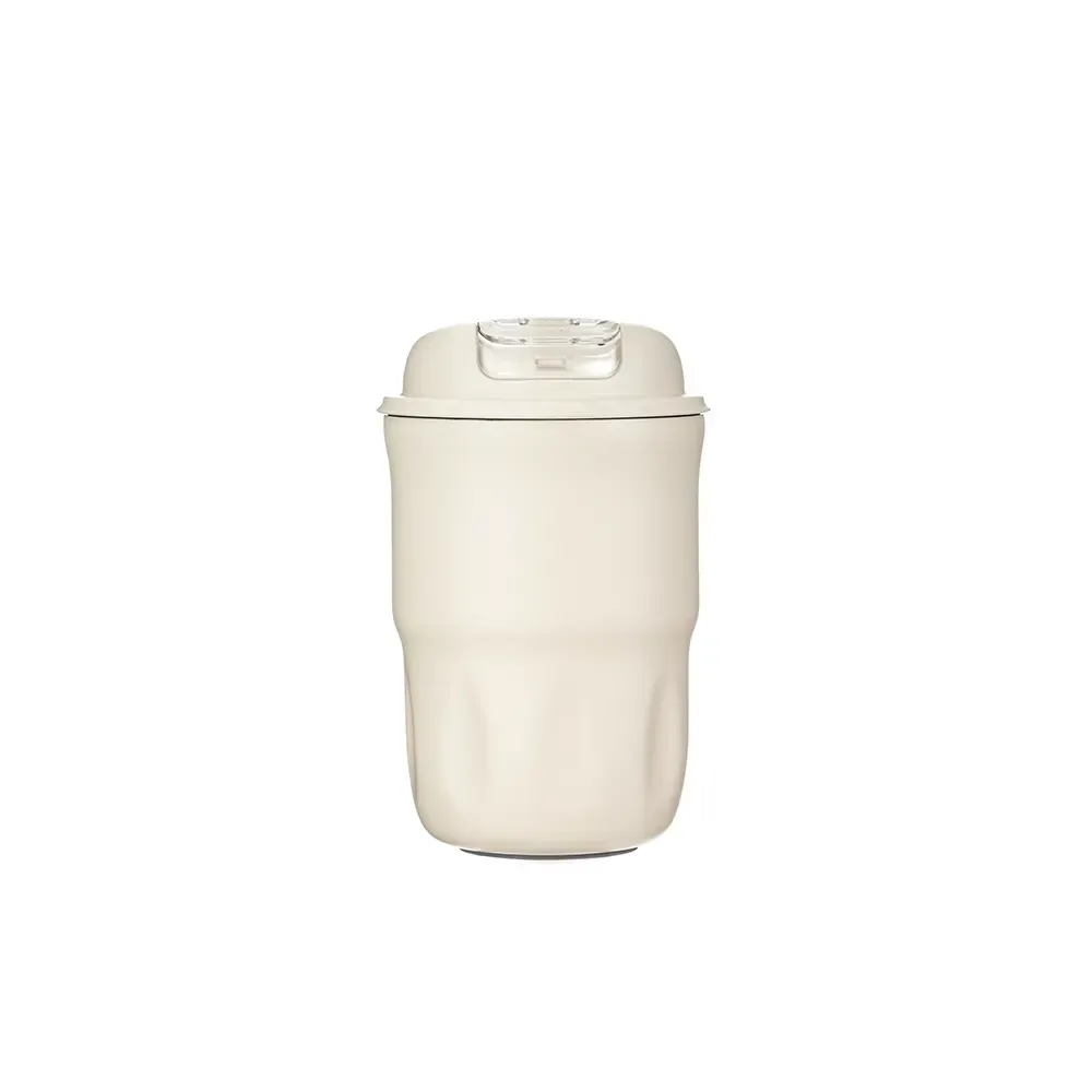 Copo térmico inox 350ml creme, alça em nylon e couro sintético, personalizado