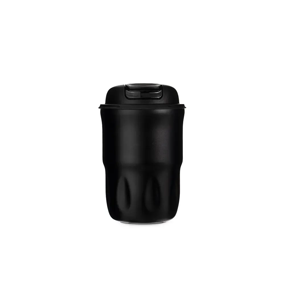 Copo térmico inox 350ml preto, alça em nylon e couro sintético, personalizado