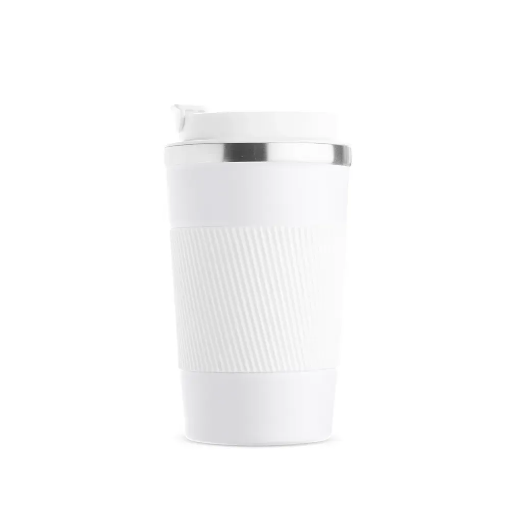 Copo térmico inox 350ml branco, base antiderrapante e luva de silicone, personalizado