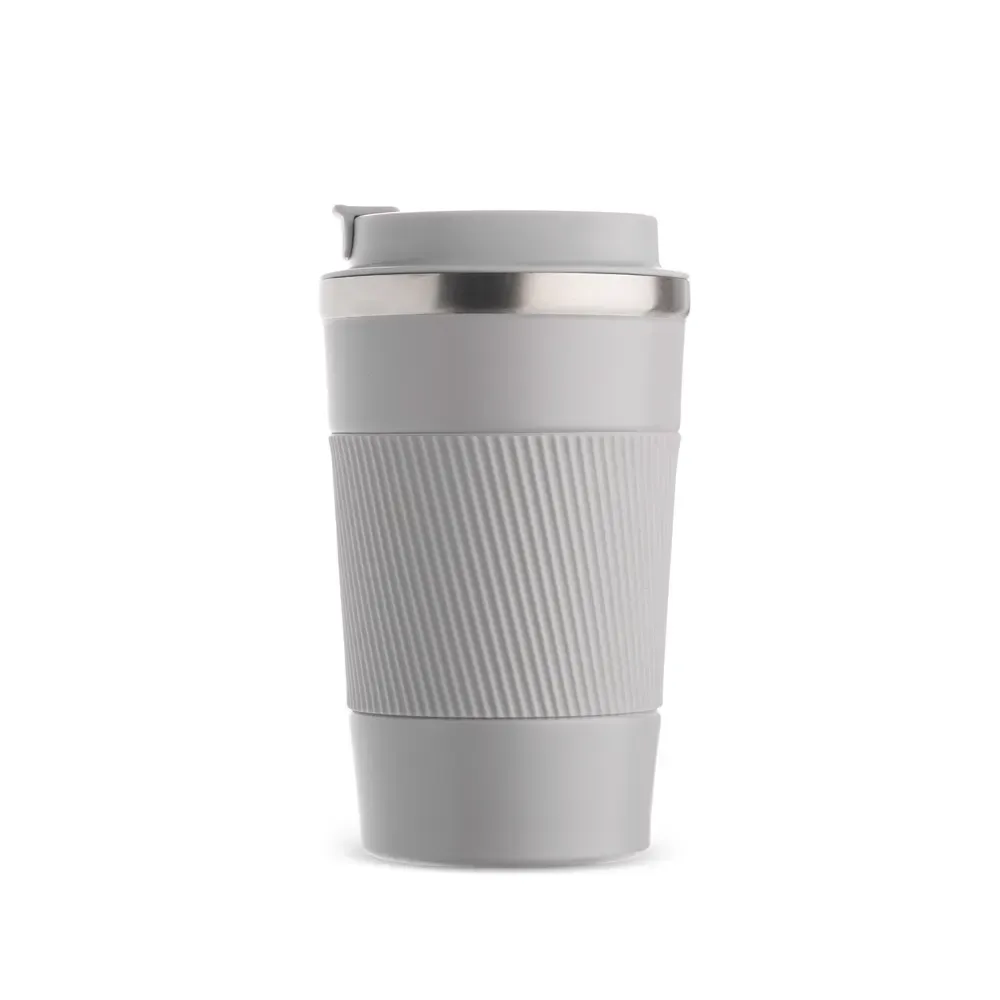 Copo térmico inox 350ml cinza, base antiderrapante e luva de silicone, personalizado