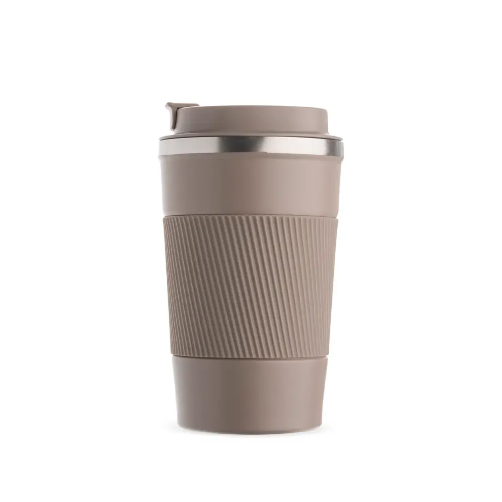 Copo térmico inox 350ml marrom, base antiderrapante e luva de silicone, personalizado