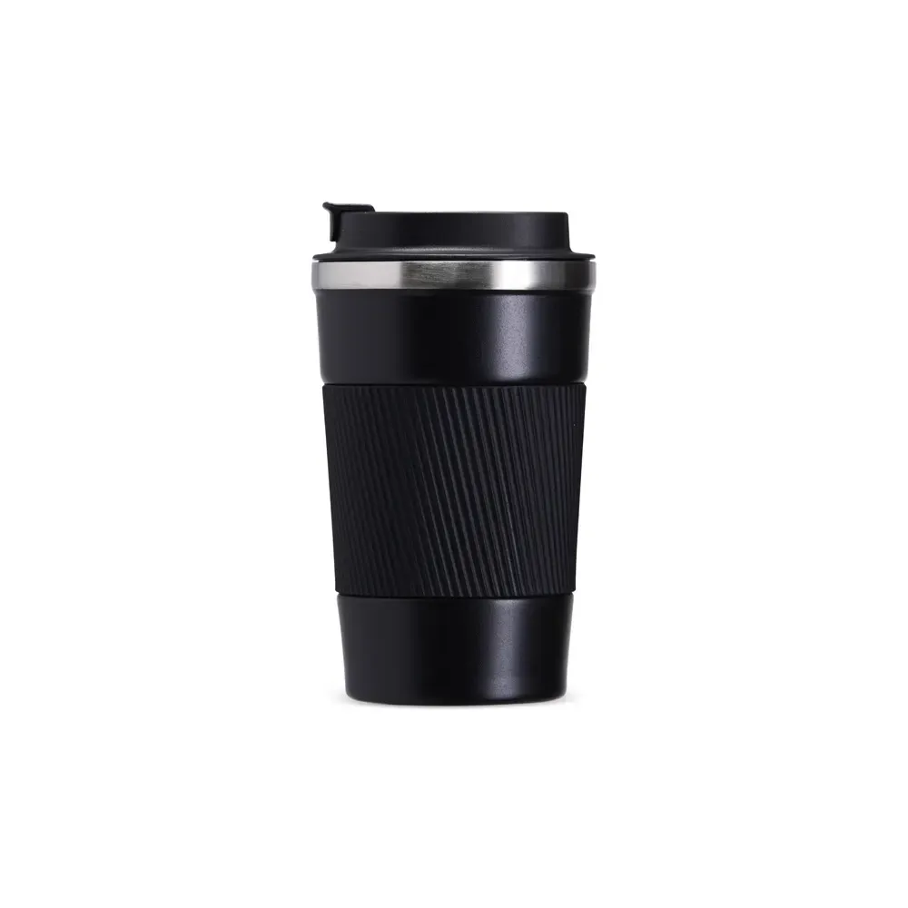 Copo térmico inox 350ml preto, base antiderrapante e luva de silicone, personalizado