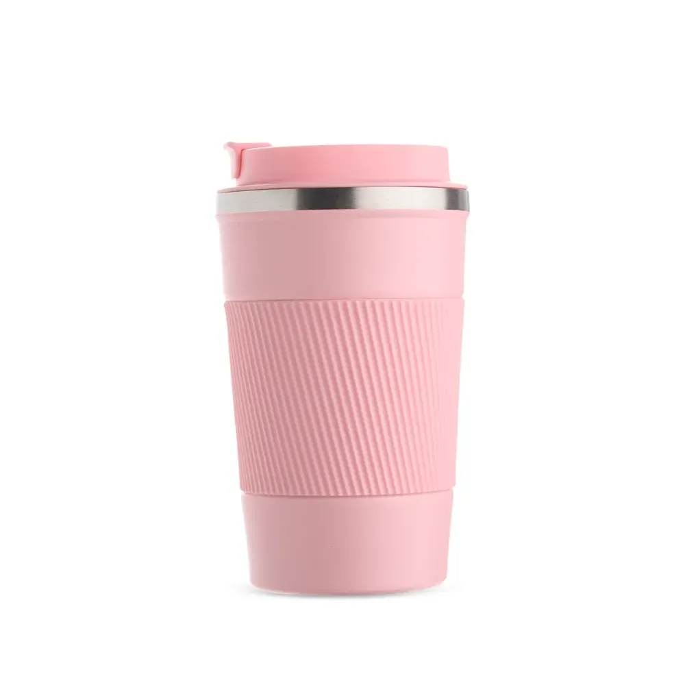 Copo térmico inox 350ml rosa, base antiderrapante e luva de silicone, personalizado